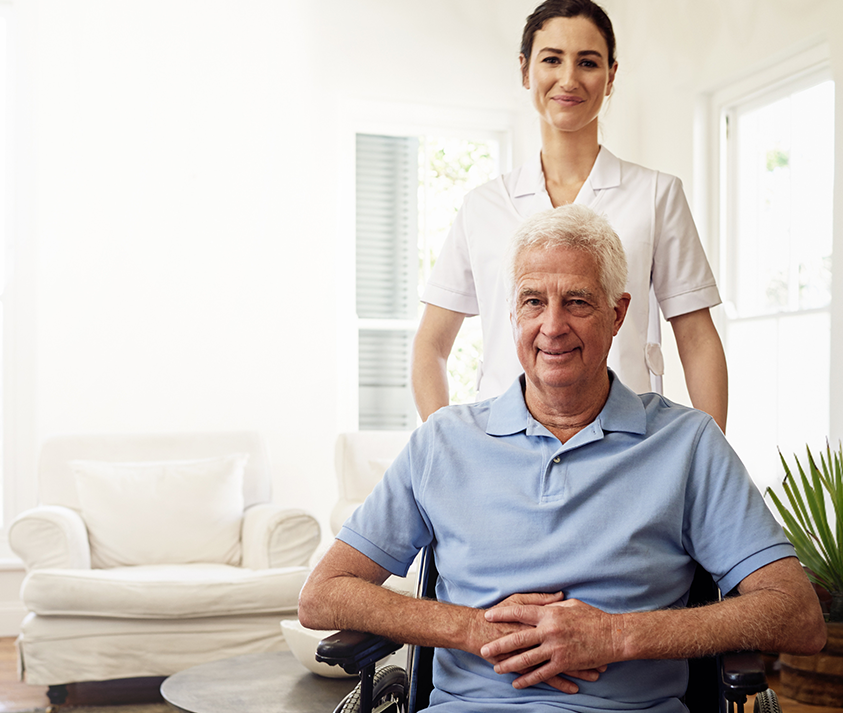 Nursing portrait disabled man wheelchair medical wellness homecare support mockup nurse