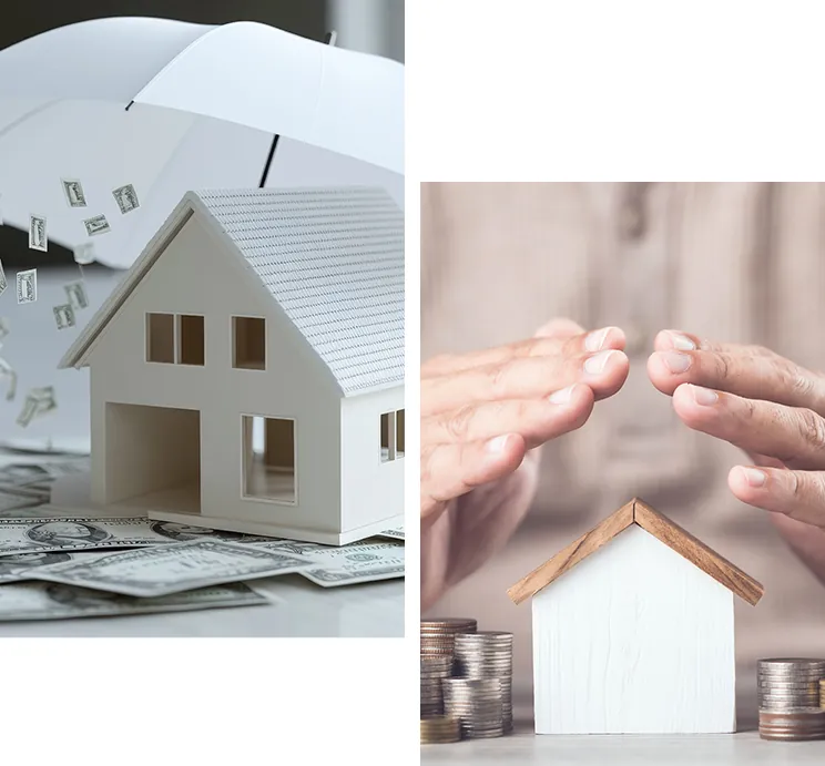 Hand protecting a stack of coins and a house, representing asset protection